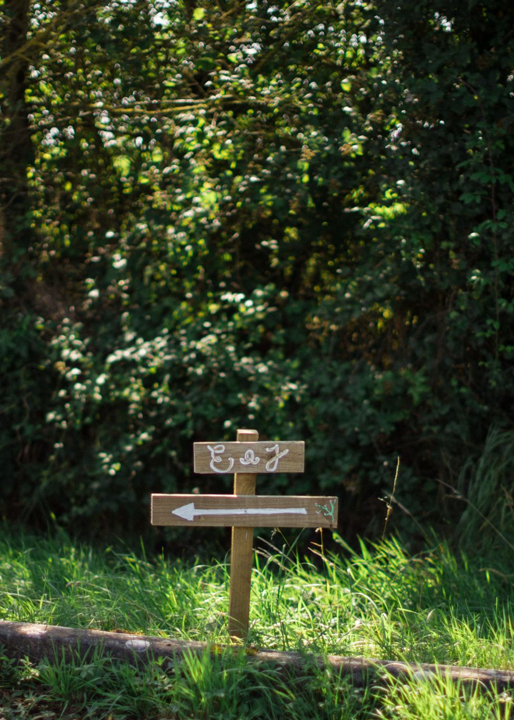 A wooden directional sign post stands in a grassy area surrounded by lush green foliage on a sunny day at the Tangled Garden wedding venue