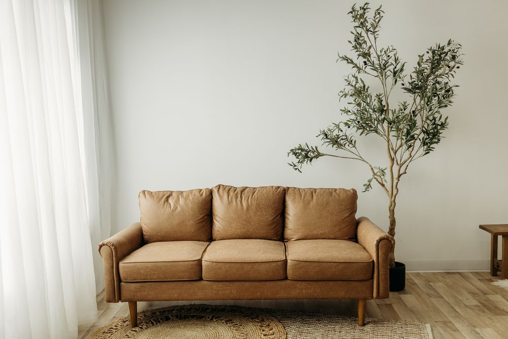Brown leather sofa with wooden legs on a woven rug, beside a tall olive tree, against a white wall with sheer curtains.