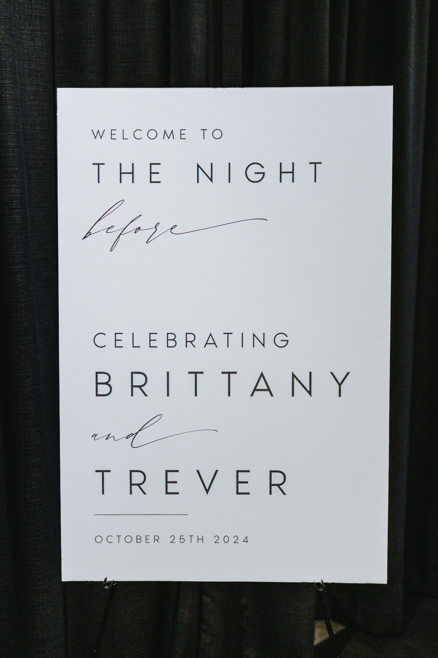 White minimalist welcome sign for Brittany and Trever's wedding celebration on October 26th 2024.  Taken at the Canopy Hotel in Portland.