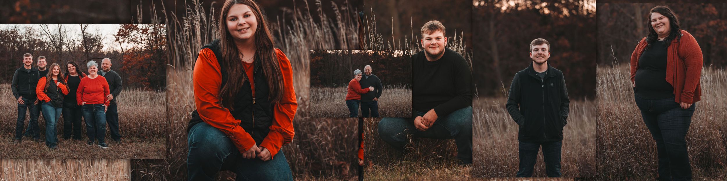 People in bright orange sweaters stand scattered among bare trees in a moody autumn scene.