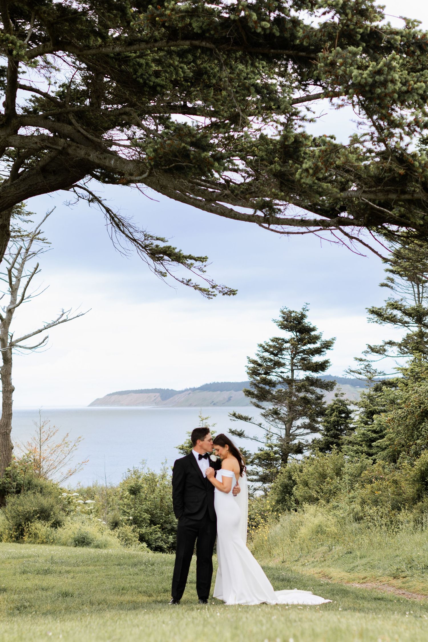 A romantic wedding couple shares intimate moments in a scenic coastal setting with evergreen trees and ocean views in Washington.
