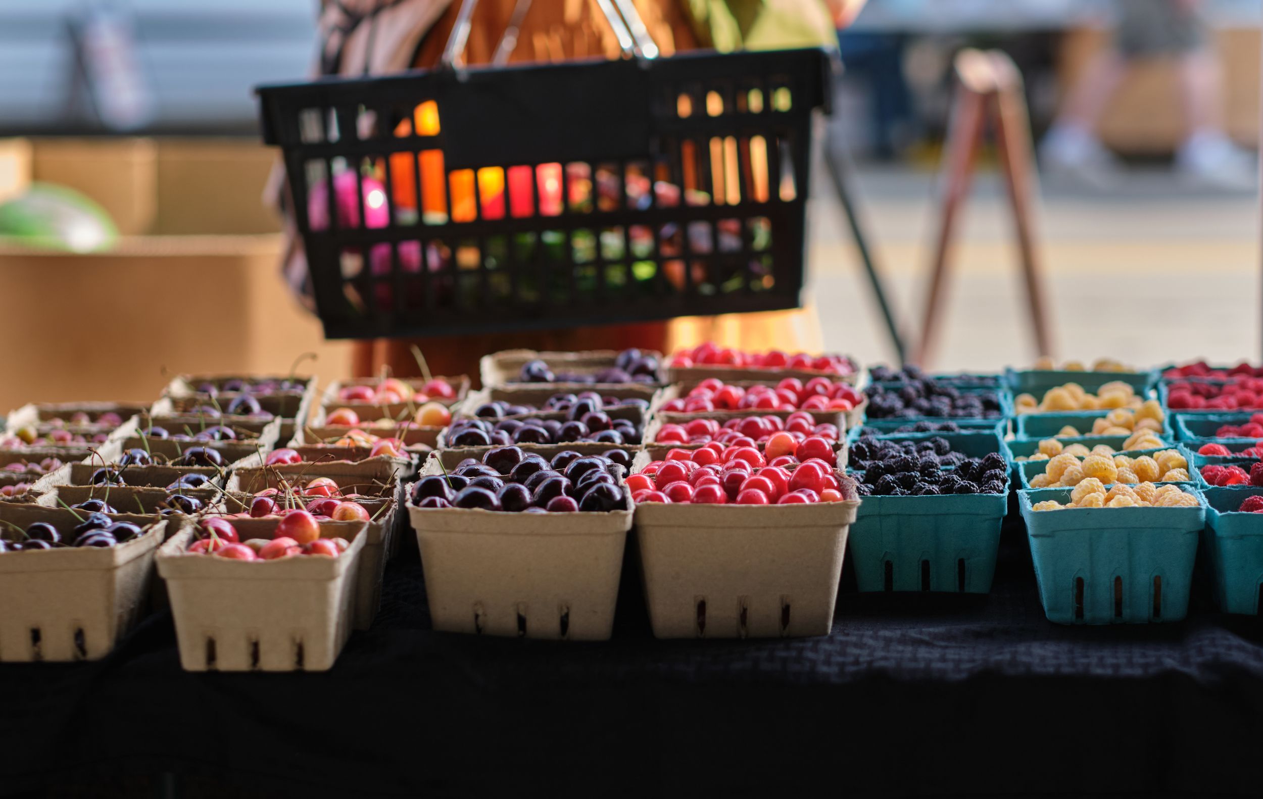 Various fruits and berries are displayed on a table at the Appleton Wisconsin farmers market.