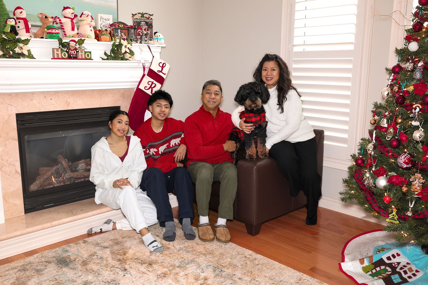 Family around a Christmas tree and fireplace with their family dog, posing for a photo