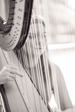 Elegant harpist performing at wedding, seen through harp strings in artistic black and white portrait.