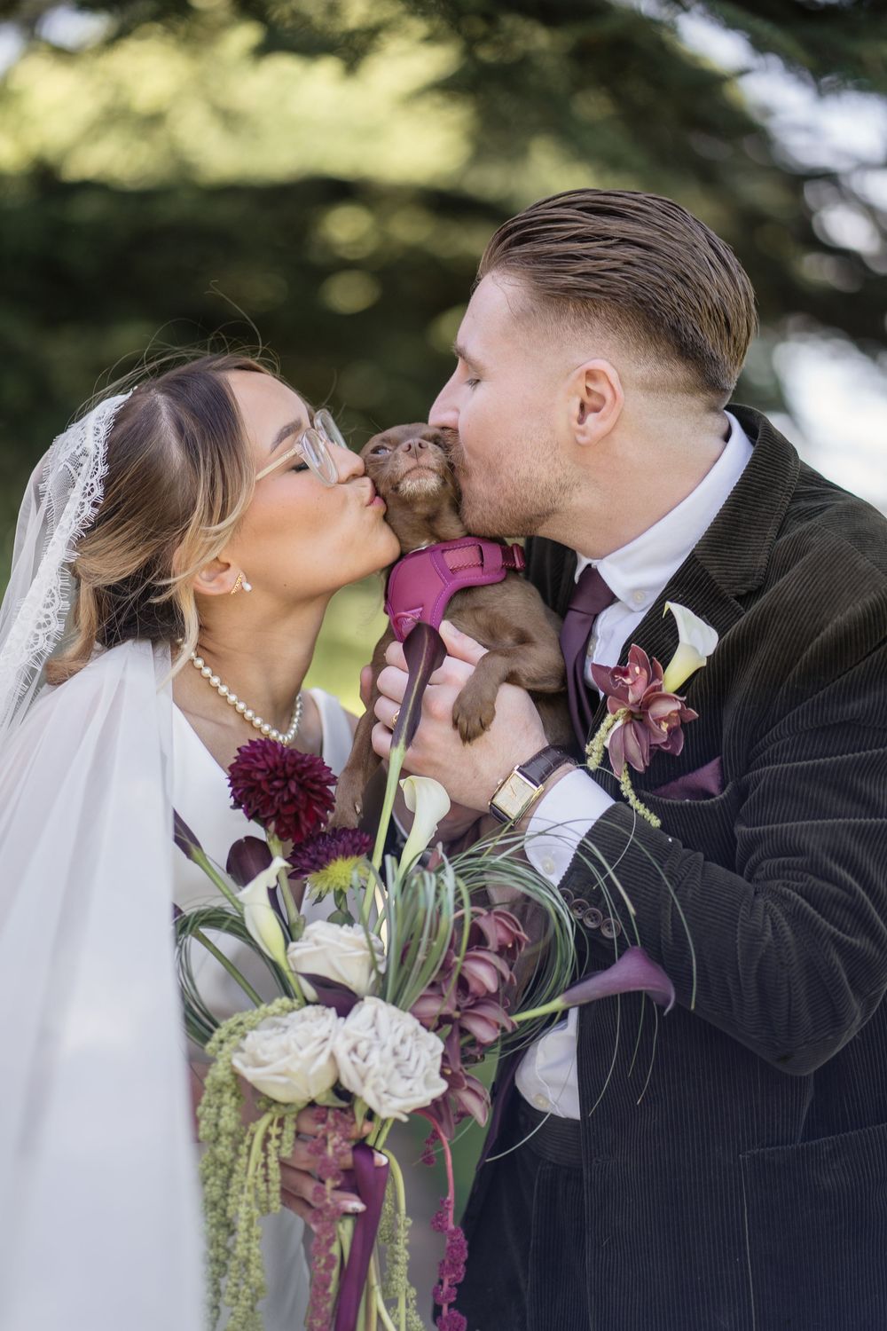 Bride and groom kissing a small puppy in pink harness outdoors, bride holding floral bouquet with burgundy blooms.