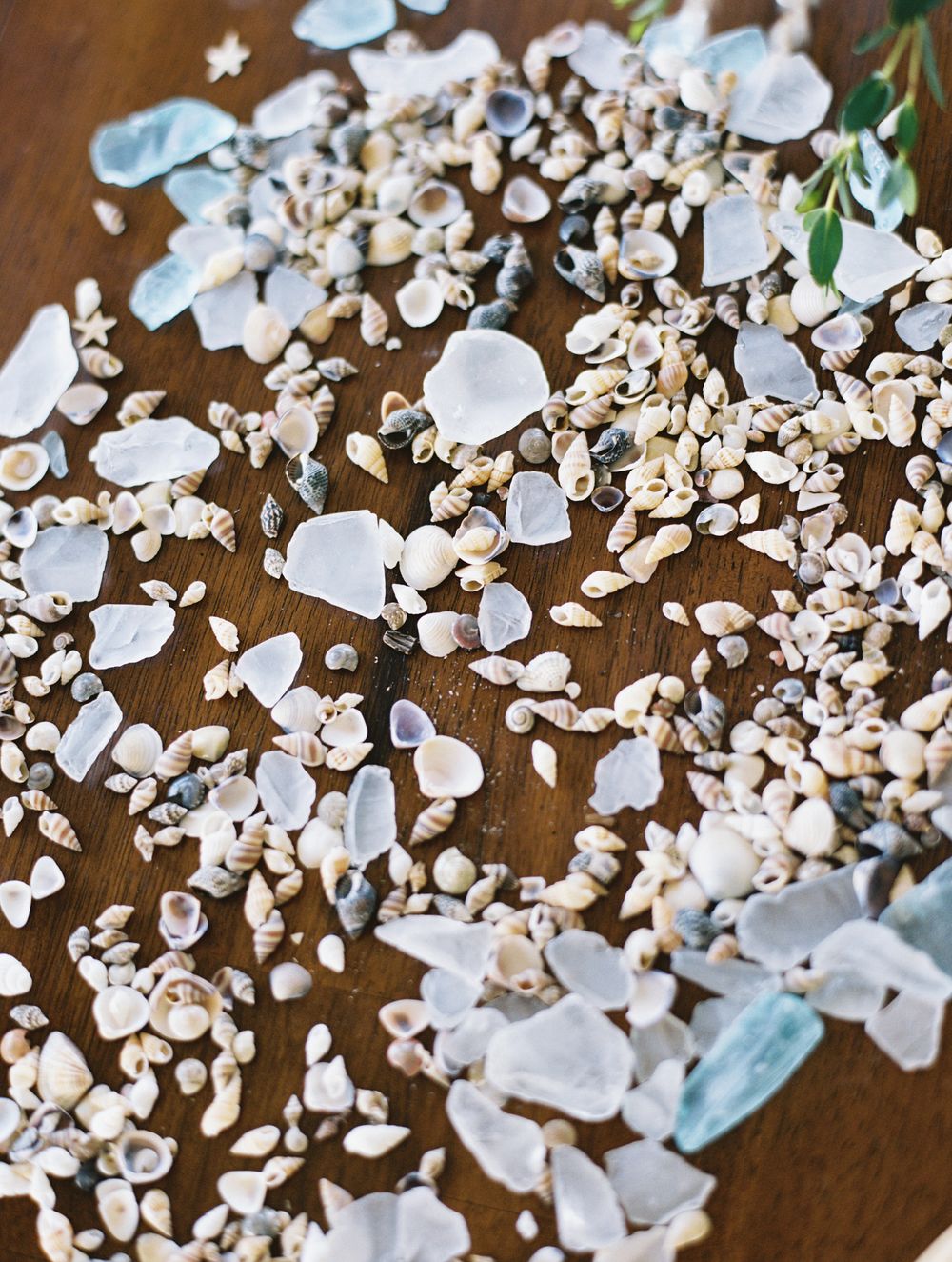Small white seashells and pale blue sea glass scattered on a dark wooden surface for a beach wedding decoration.