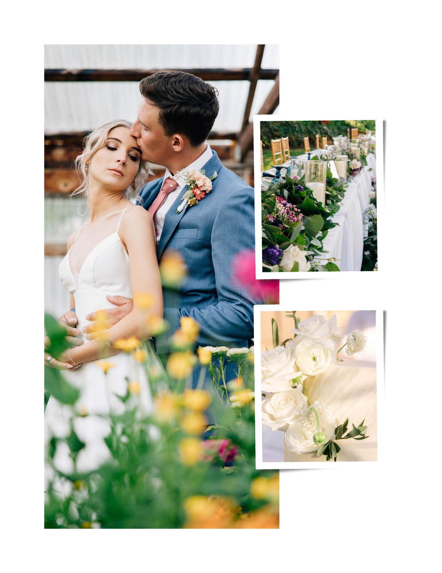 Elegant wedding collage featuring couple kissing, floral table setting, and white rose cake decor.
