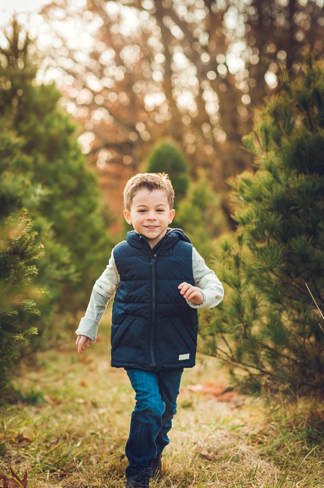 Happy young boy in a navy vest runs through a Christmas tree farm on a sunny autumn day.