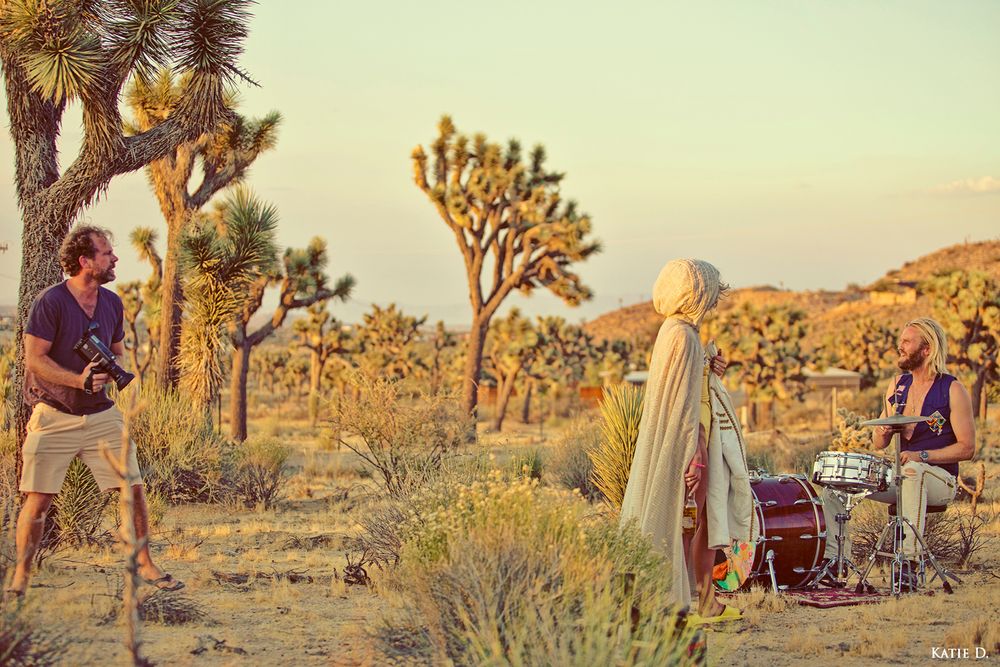 Three musicians playing instruments in scenic Joshua Tree desert landscape at golden hour.