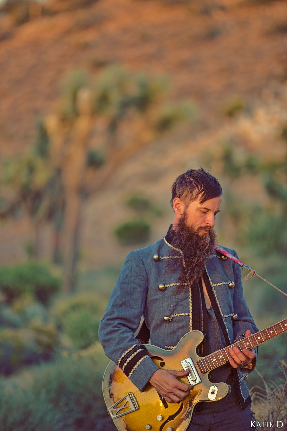 Long-haired bearded guitarist strumming a vintage electric guitar in a desert landscape at golden hour.