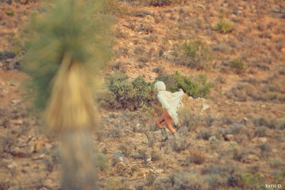 Distant figure in a white outfit standing in an arid desert landscape with sparse shrubs.