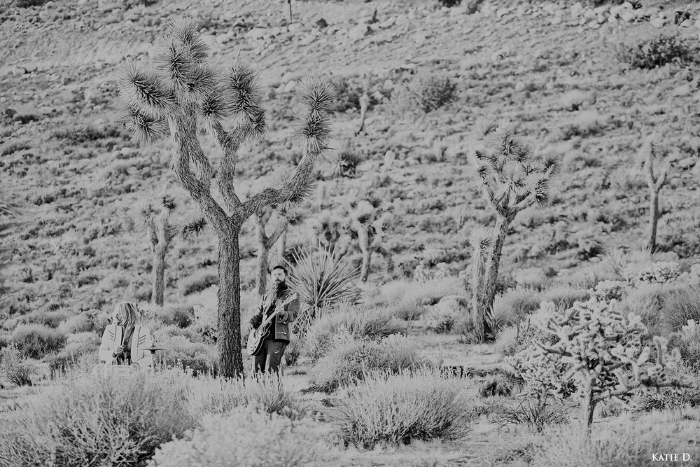 Black and white photo of a musician playing guitar among Joshua trees in a desert landscape.
