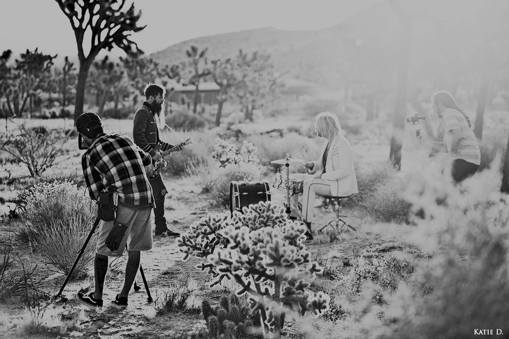 Black and white photo of band members playing music in a desert with Joshua trees.