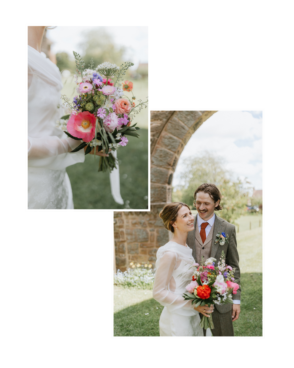 Bride holding a vibrant spring wedding bouquet with pink, purple, and coral flowers, standing outdoors near a stone arch.