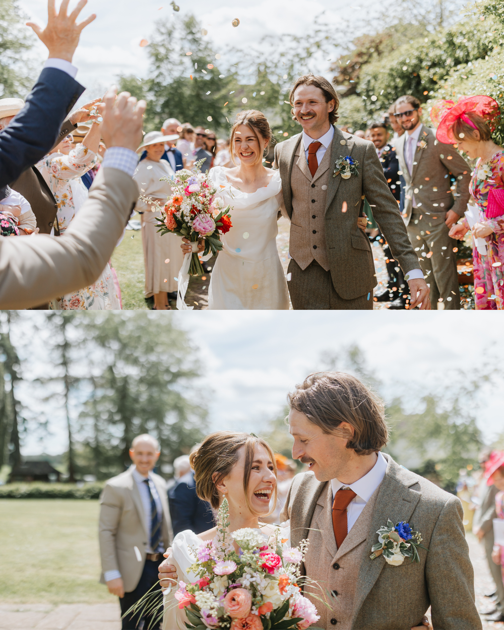 Happy newlyweds walk through confetti shower surrounded by cheering guests on sunny wedding day.