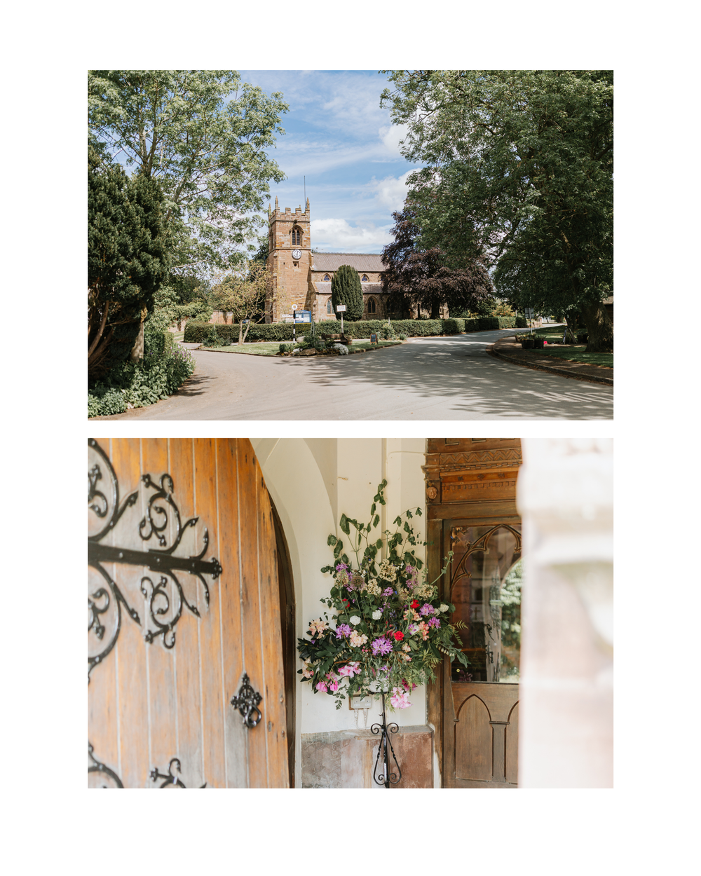 Historic English church surrounded by lush green trees on a sunny day, with ornate wooden doors adorned with floral arrangements.