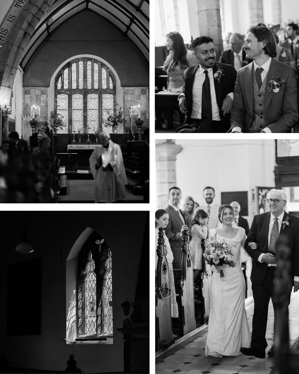 Black and white wedding collage showing church ceremony, groom smiling, stained glass window, and bride walking the aisle.