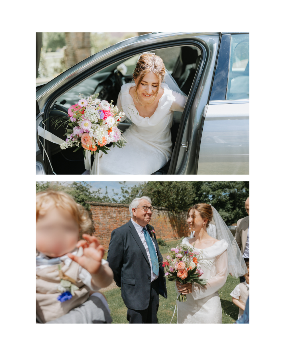 Bride in white gown holding colorful bouquet exits car, then walks with older man outdoors at sunny wedding celebration.