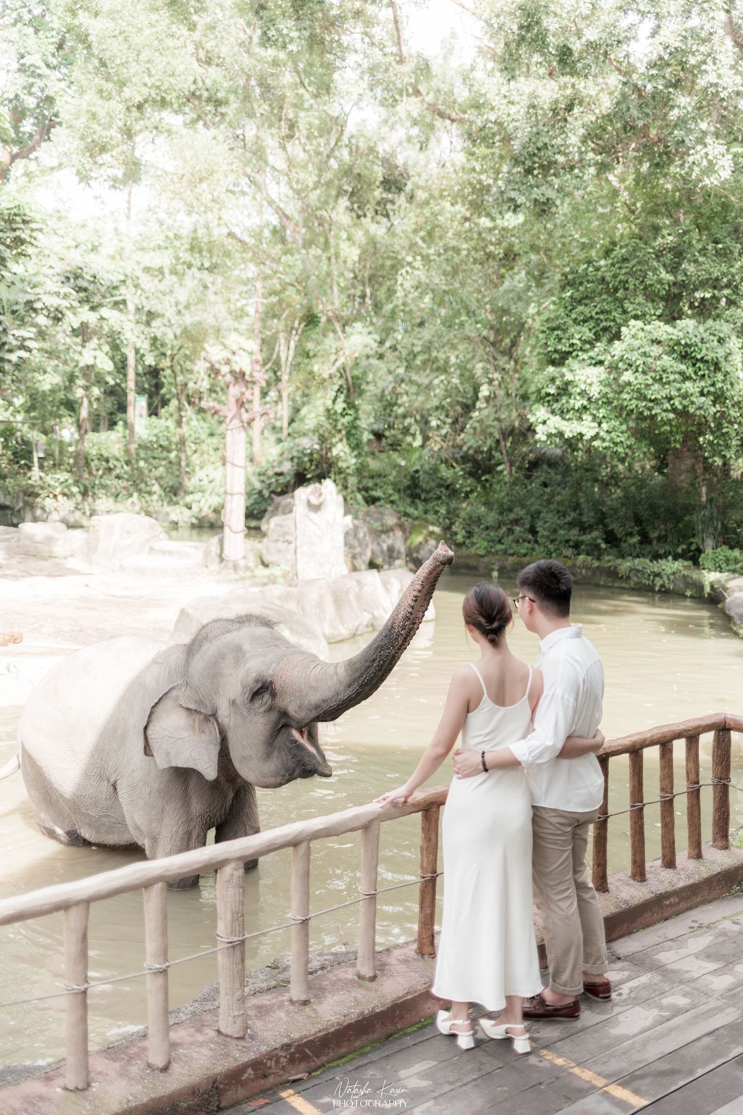 Couple with parasol walking through a garden path surrounded by greenery.
