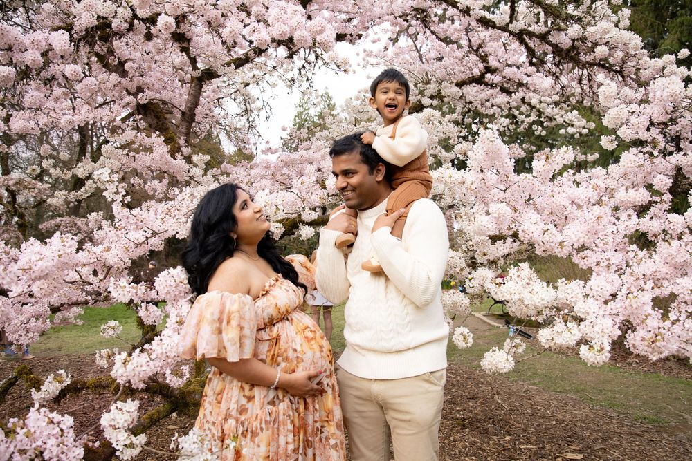 Pregnant woman in floral dress with family under blooming cherry blossom trees, toddler on father's shoulders.