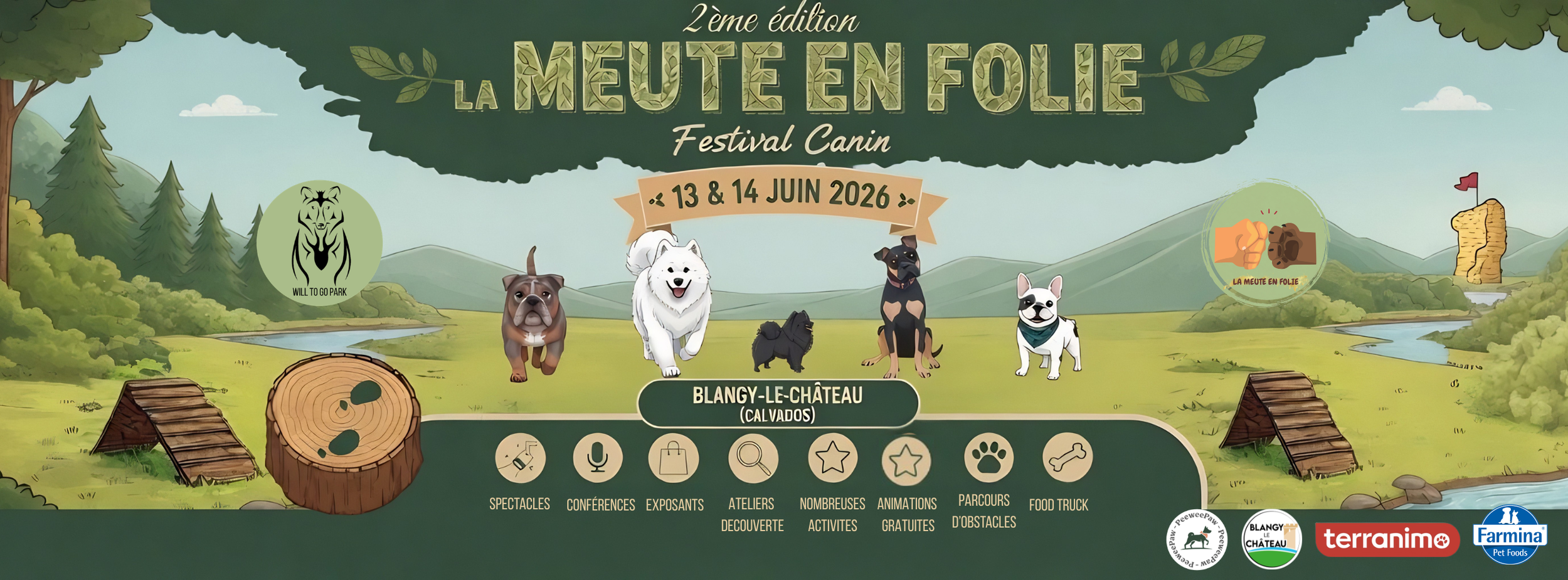 Banner for La Meute en Folie 2nd edition canine festival on June 13-14, 2025, featuring cartoon dogs and agility obstacles.