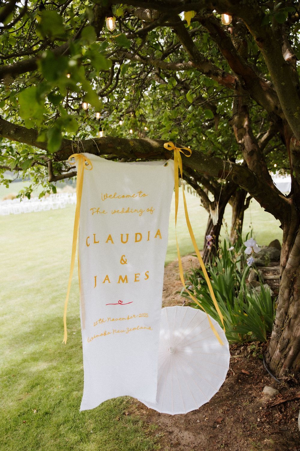 White wedding banner reading Claudia and James with yellow ribbon ties hanging from a tree.