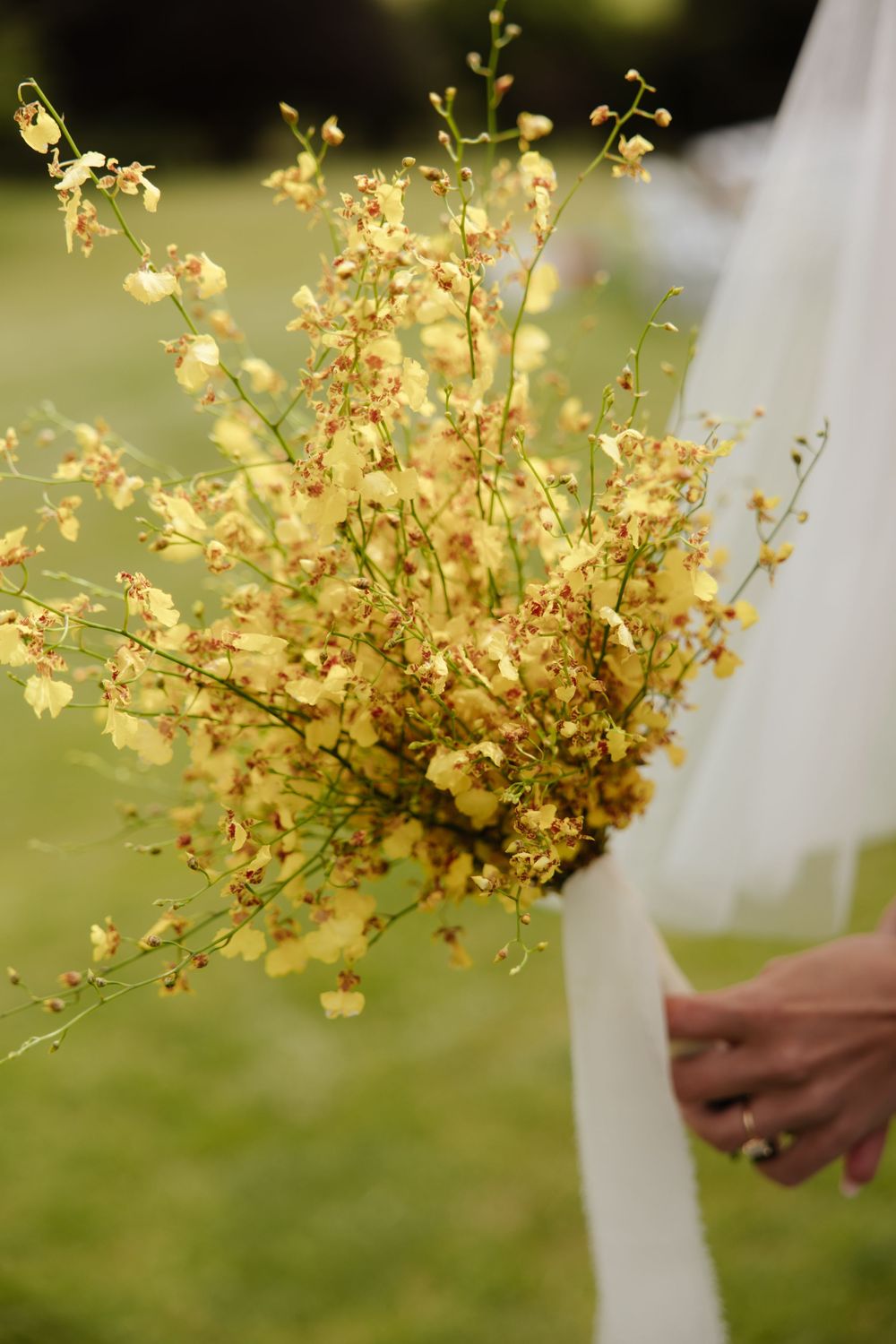 Bride holding a delicate bouquet of yellow oncidium orchids with flowing white ribbon at an outdoor wedding.