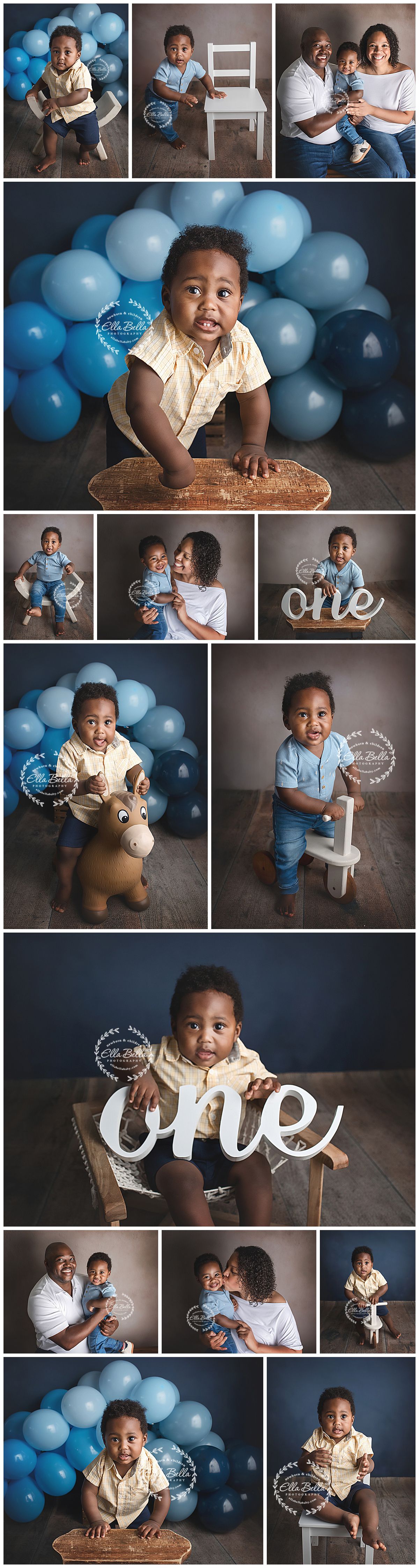 A baby boy's first birthday photo collage with blue balloons, family portraits, and milestone props spelling "one".