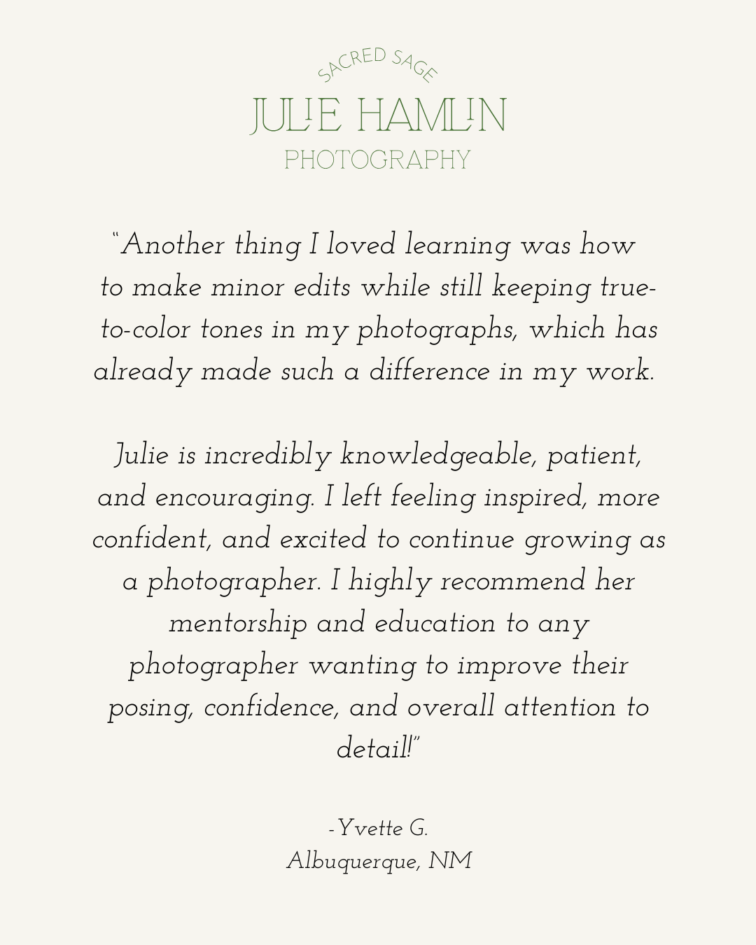 Testimonial card for Julie Hamlin Photography featuring a five-star review from Yvette G. of Albuquerque, NM.