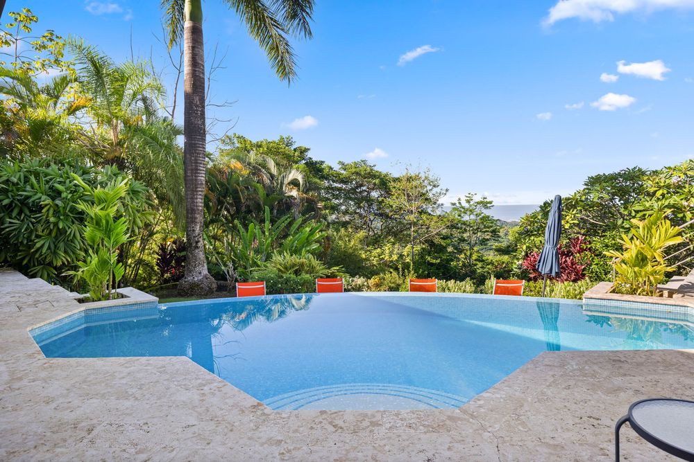 Tropical pool surrounded by lush greenery and palm trees with mountain views under a blue sky VRBO and AirBnB