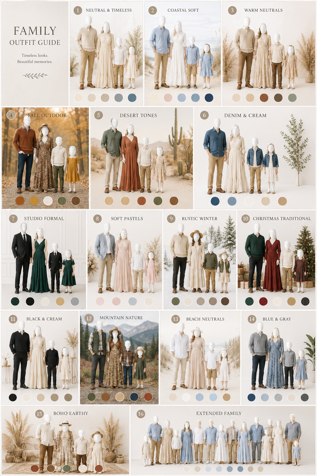 Family outfit guide collage showing coordinated clothing styles including neutral, coastal, denim, rustic, and holiday themes.