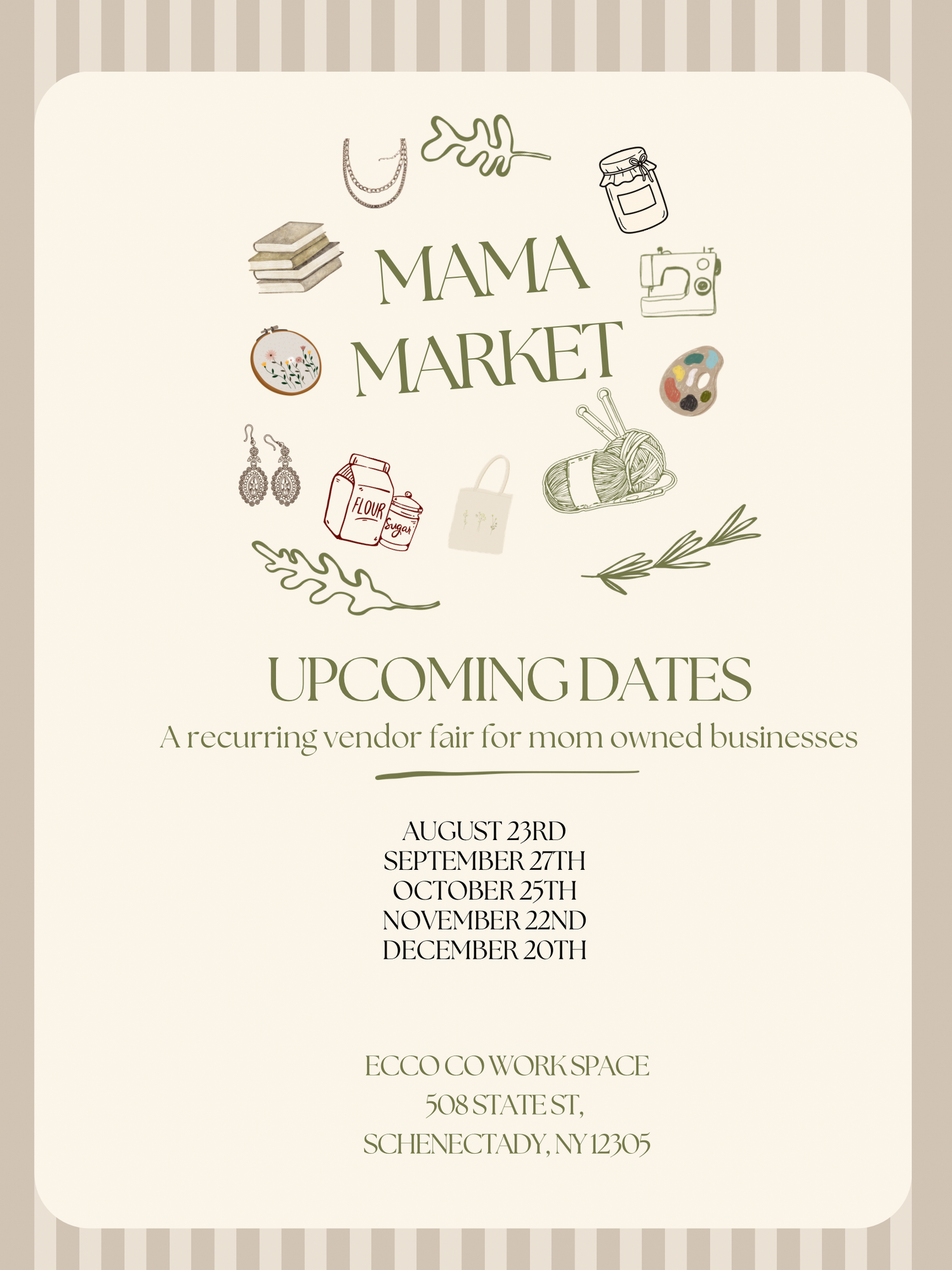 Mama Market vendor fair flyer for mom-owned businesses with upcoming dates in Schenectady, NY.