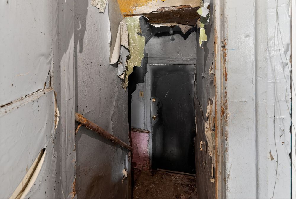 Water damage on ceiling and walls of living room in Detroit Michigan bank-owned property — condition documentation by RealtyPix