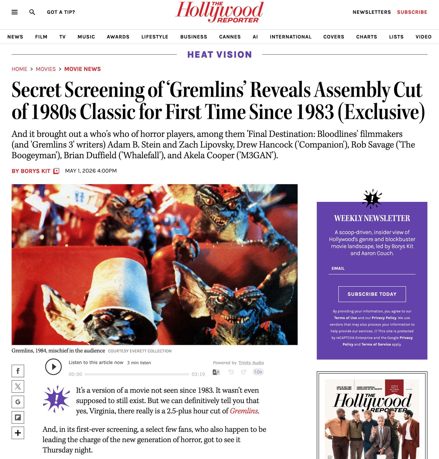 Hollywood Reporter website coverage of the Gremlins Rough Cut