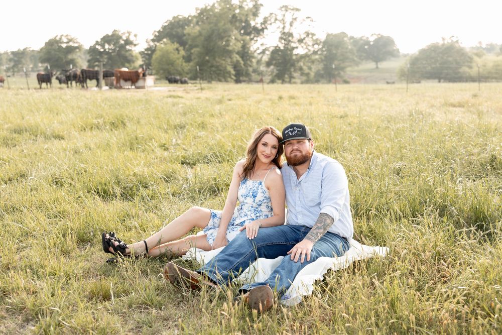 Couple sitting together on a blanket in a green field with cattle grazing in the background.