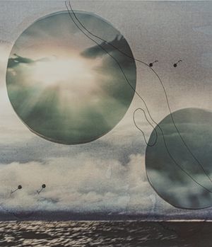 Surreal collage of two circular lens-like orbs floating over a cloudy seascape with sunlight breaking through dramatic skies.