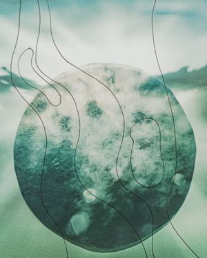 Abstract digital art featuring a teal circular shape with wavy black line overlays on a misty green background.