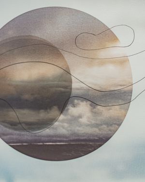 Watercolor painting of stormy clouds in a circular frame with abstract flowing line art overlay.