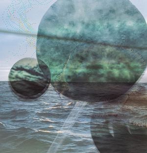 Abstract ocean seascape with overlapping translucent circles revealing stormy green sea waters.
