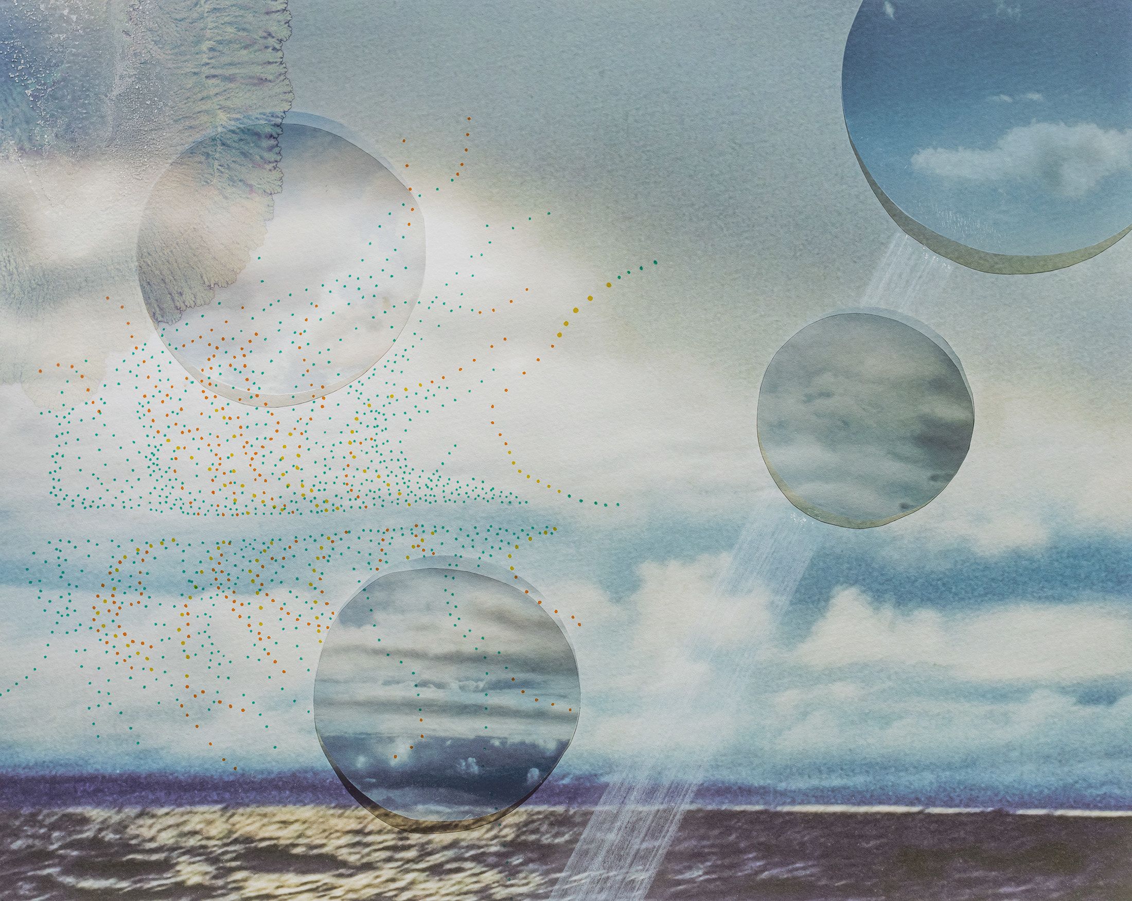 Multiple translucent spheres with cloud reflections hover over a misty ocean landscape with light rays.