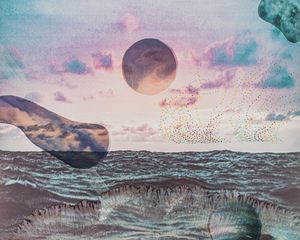 Surreal collage artwork featuring ocean waves, a dark sphere, floating oar, and pastel sunset sky.