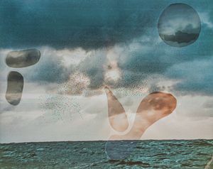 Surreal collage artwork featuring floating organic shapes over a stormy ocean landscape with dramatic cloudy sky.