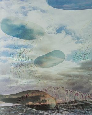 Abstract mixed-media landscape artwork with translucent oval shapes and dotted patterns over cloudy coastal scenery.