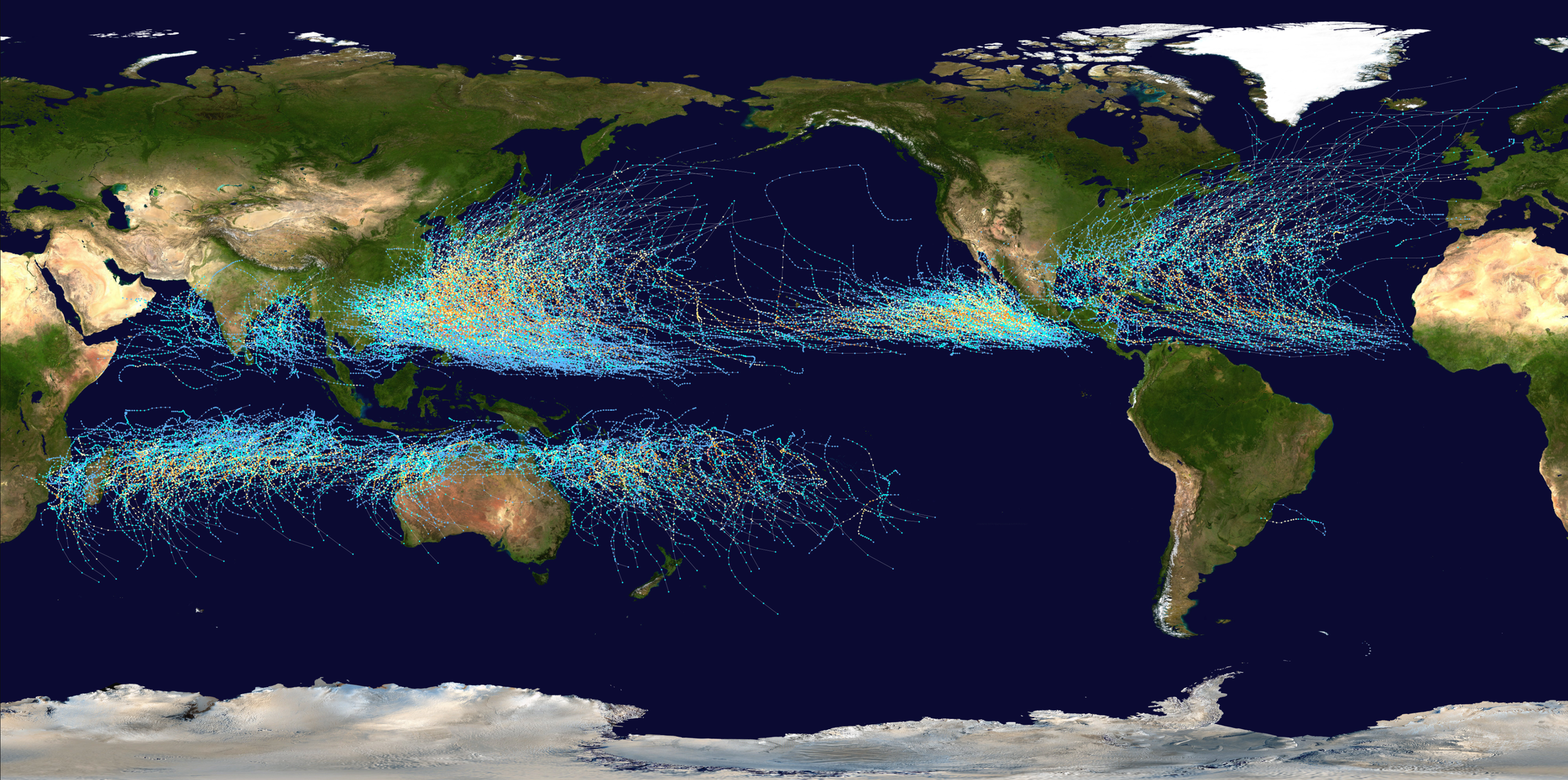 World map showing global tropical cyclone tracks plotted over ocean basins in blue and cyan.