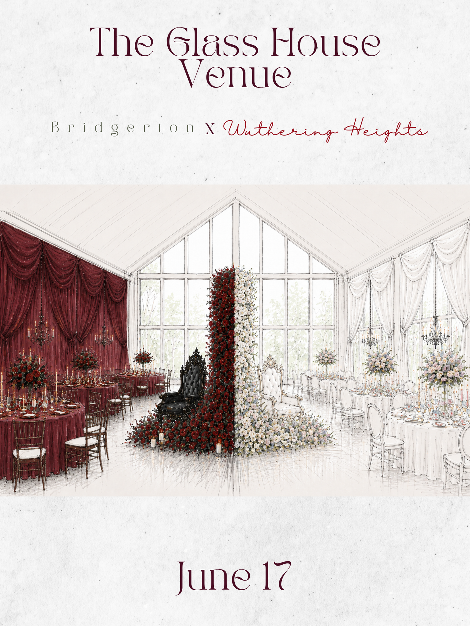 Gothic wedding mood board featuring deep red, black, and green palette with draped fabric, candlelit tablescape, and Tudor-style venue.