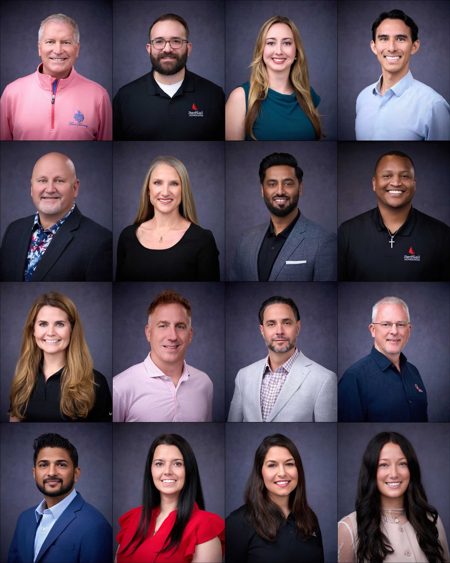 A professional corporate headshot collage featuring 16 diverse business professionals posing against a neutral gray background.