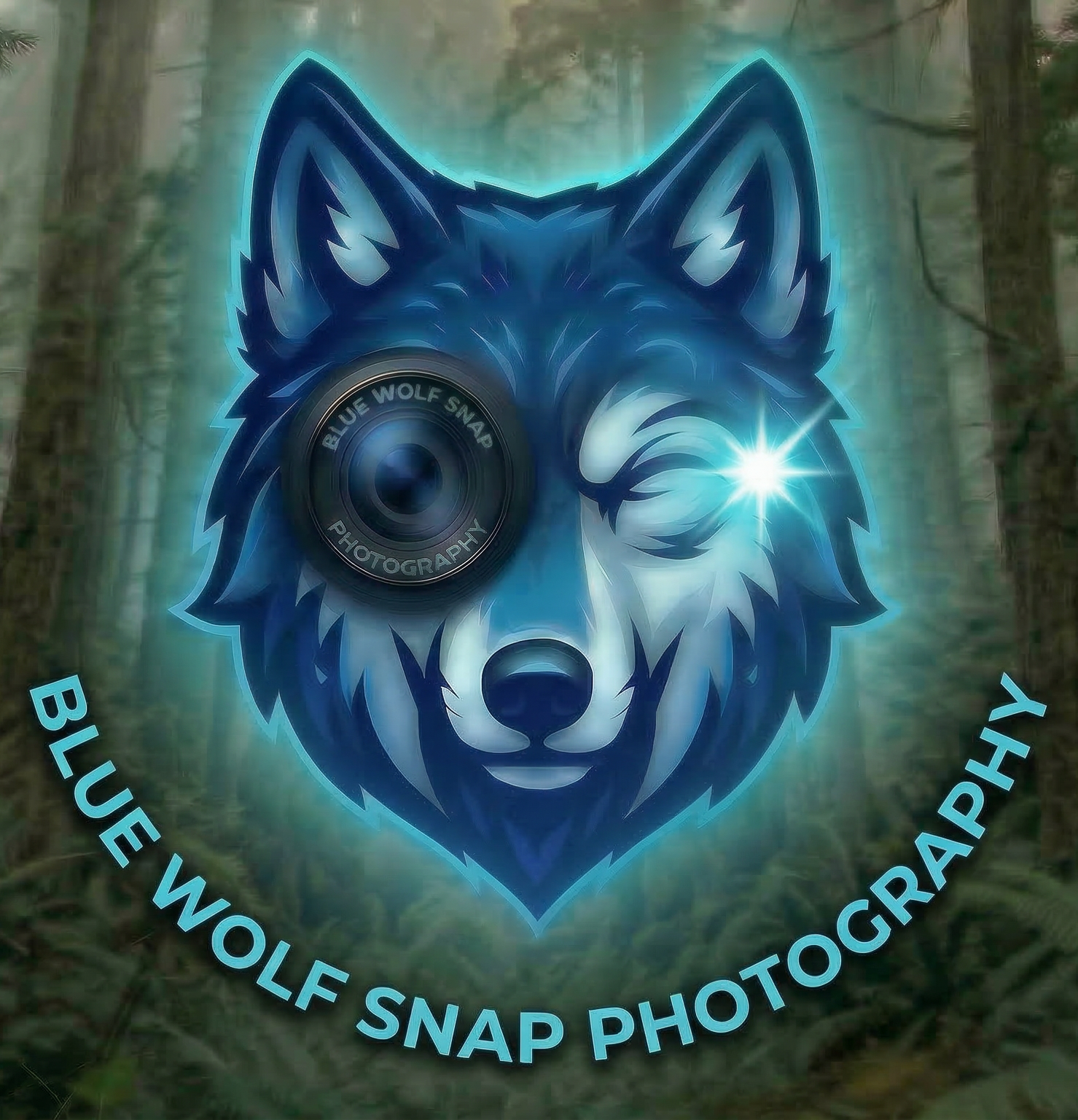 Blue Wolf Snap Photography logo featuring a blue glowing wolf with a camera lens eye in a misty forest.