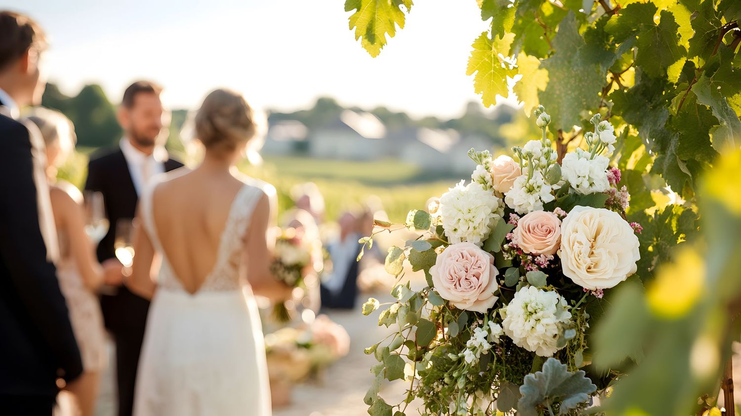 Romantic wedding floral arrangement with pink and white roses against vineyard backdrop.