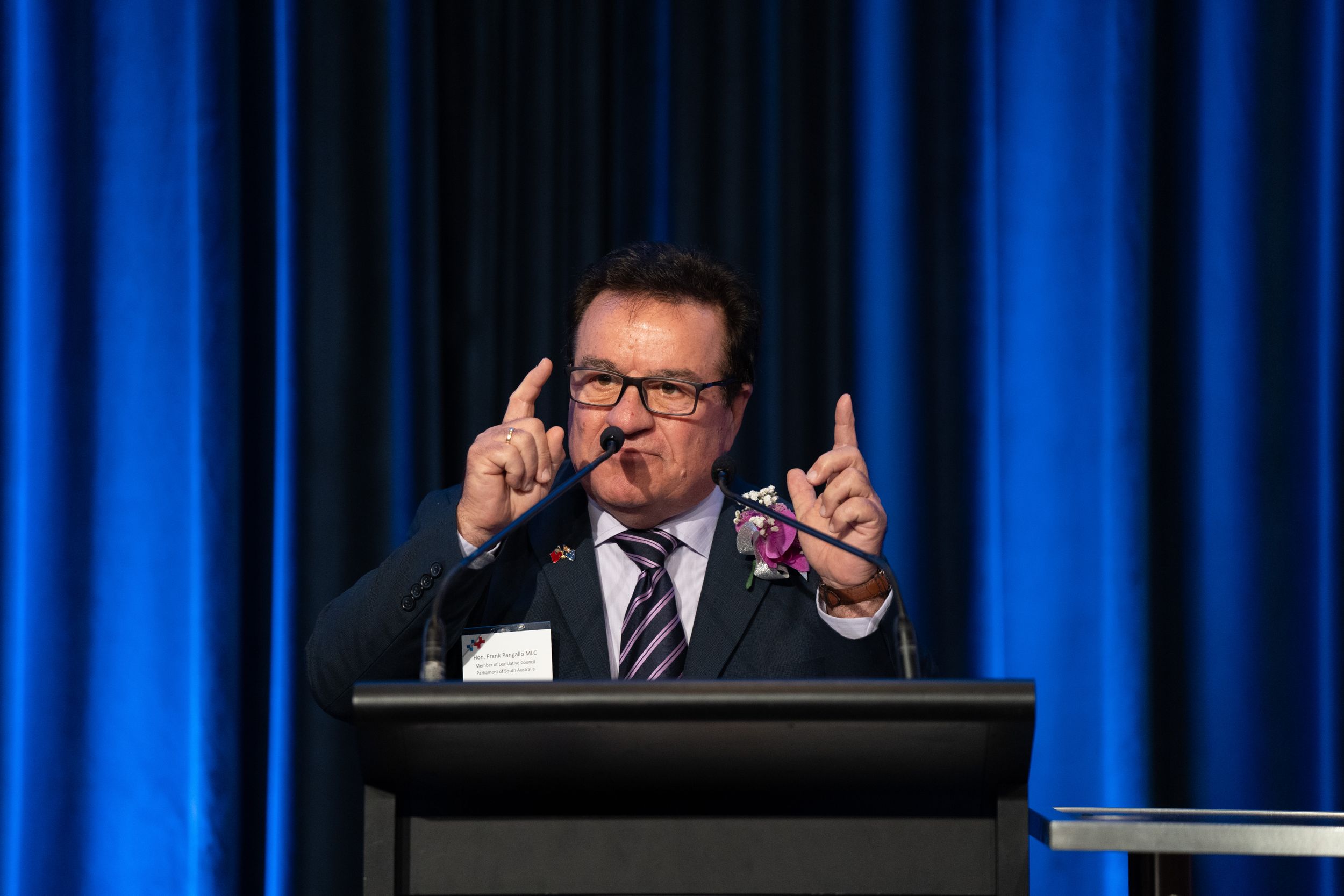 Speaker gestures with hands while presenting at podium with blue curtain backdrop.