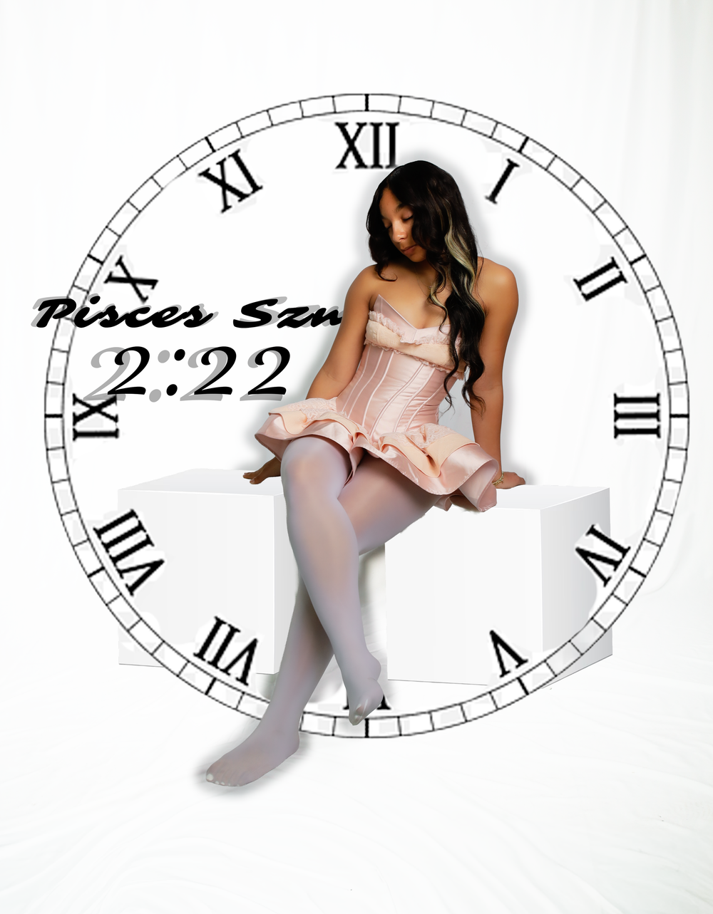 Teen girl in pink dress sits on white cube overlaid on clock face with Pisces Szn 2:22 text.